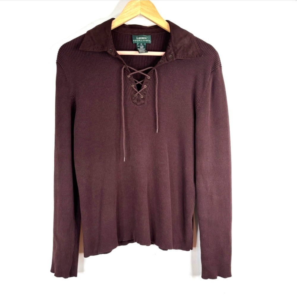 Ralph Lauren Chocolate Brown Sweater XL Lace Up Equestrian Western Old Money